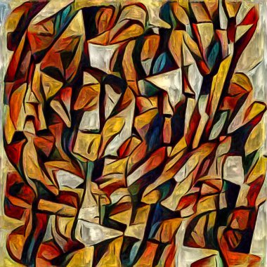 Karışık Kader. Erkek ve kadın yüzleri, insan durumunun şiirselliği üzerine soyut bir şekilde resmedilmiş..