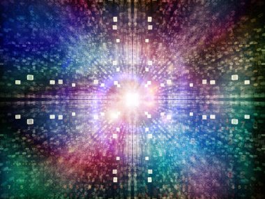 Dijital Yapı Serisi. Dijital teknoloji ve iletişim konularında 3 boyutlu ışık patlaması, sayılar ve fraktal elementler gösterimi