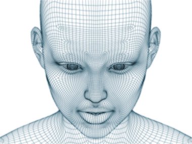 İnsan kafası ve yüzünün üç boyutlu görüntülenmesi illüstrasyon ve tasarım için tel örgüsü olarak kullanılacak