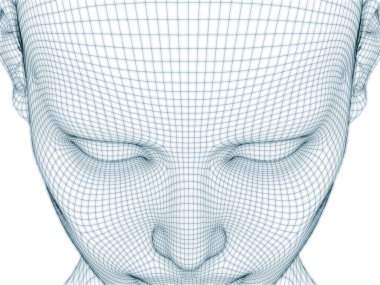 İnsan kafası ve yüzünün üç boyutlu görüntülenmesi illüstrasyon ve tasarım için tel örgüsü olarak kullanılacak
