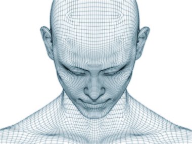 İnsan kafası ve yüzünün üç boyutlu görüntülenmesi illüstrasyon ve tasarım için tel örgüsü olarak kullanılacak