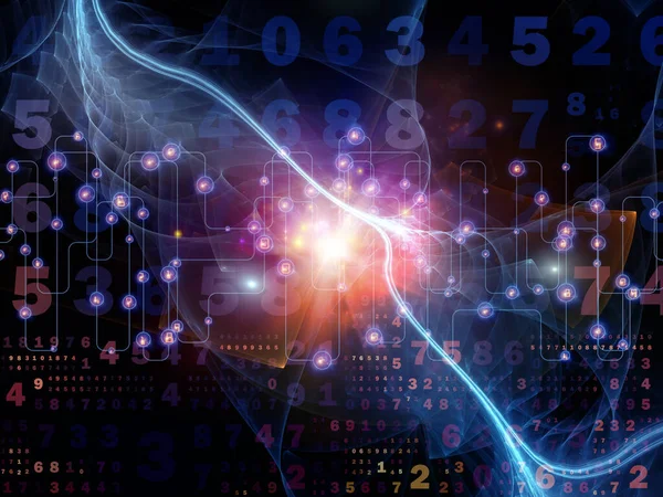 3D illustration of numbers, fractal membranes and lights composition on subject of digital technology and communications