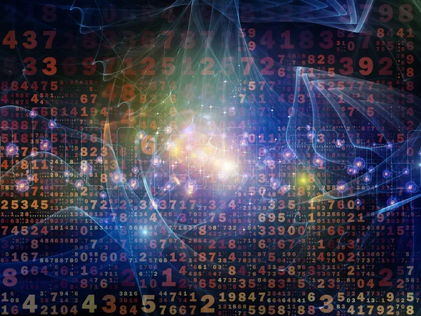 3D illustration of numbers, fractal membranes and lights composition on subject of digital technology and communications