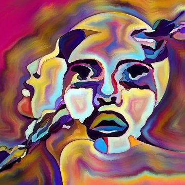 Parçalanmış Self serisi. İnsan yüzü anahatları ve insan ilişkileri, zihin, psikoloji, iç dünya, yaratıcılık, zihinsel hastalık ve sanat konularındaki mozaik şablon kompozisyonu.