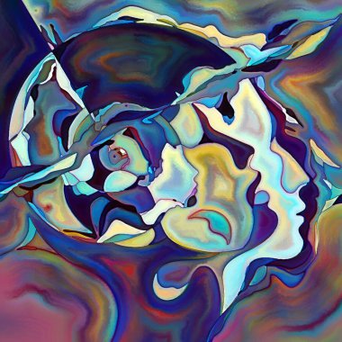 Parçalanmış Self serisi. İnsan yüzü ana hatları ve insan ilişkileri, zihin, psikoloji, iç dünya, yaratıcılık, zihinsel hastalık ve sanat konuları üzerine boyanmış desen kompozisyonu.