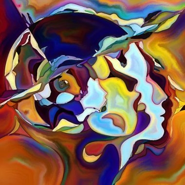 Parçalanmış Self serisi. İnsan yüzü ana hatları ve insan ilişkileri, zihin, psikoloji, iç dünya, yaratıcılık, zihinsel hastalık ve sanat konuları üzerine boyanmış desen kompozisyonu.