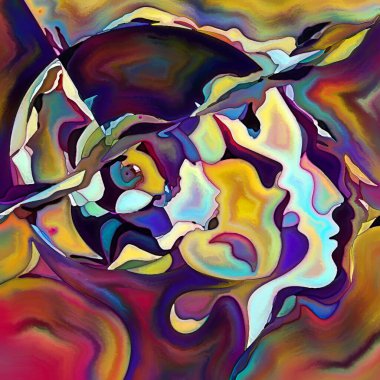 Parçalanmış Self serisi. İnsan yüzü ana hatları ve insan ilişkileri, zihin, psikoloji, iç dünya, yaratıcılık, zihinsel hastalık ve sanat konuları üzerine boyanmış desen kompozisyonu.