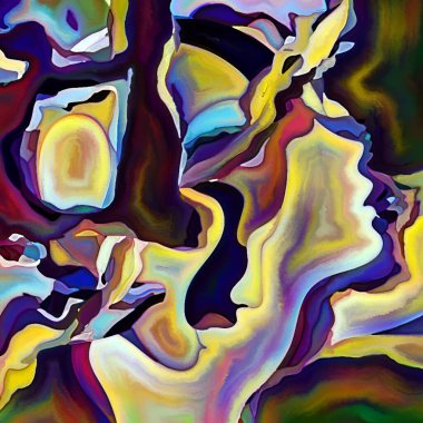 Parçalanmış Self serisi. İnsan yüzü ana hatları ve insan ilişkileri, zihin, psikoloji, iç dünya, yaratıcılık, zihinsel hastalık ve sanat konularındaki renkli şablon kompozisyonu.