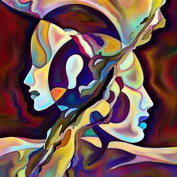 Fragmented Self series. Human face outlines and organic color pattern composition on subject of human relationships, mind, psychology, inner world, creativity, mental illness and art.