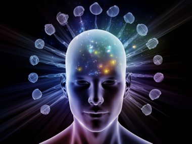 Düşünce Nin Enerjisi serisi. İnsan kafası soyut fraktal yapı ile çevrili insan zihninin işleyişini göstermek için.