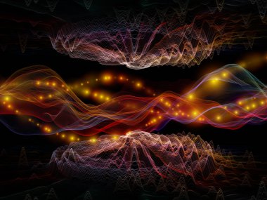 Uzayda aktarım. Sanal Dalga serisi. Veri transferi, sanal, yapay, matematiksel gerçeklik için yatay sinüs dalgaları ve ışık parçacıklarının yaratıcı düzenlenmesi.