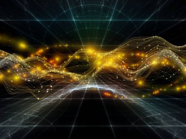 Uzayda veri. Sanal Dalga serisi. Veri transferi, sanal, yapay, matematiksel gerçeklik konularındaki yatay sinüs dalgaları ve ışık parçacıklarından oluşan tasarım.