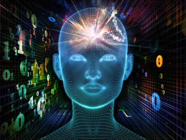 漫漫的思想 清醒的头脑系列 基于人工智能 人类意识和精神人工智能的发光金属丝网人脸三维绘制 — 图库照片