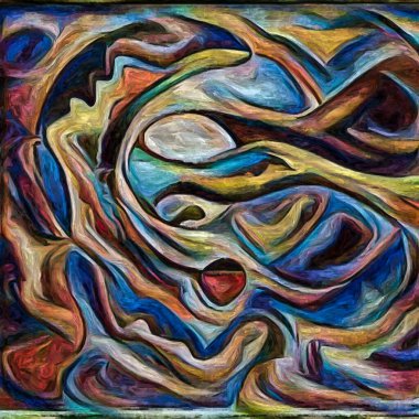 Hepimiz bu işin içindeyiz. İnsan siluetleri, insan durumunun şiirselliği üzerine soyut resim tarzıyla çizilmiştir..