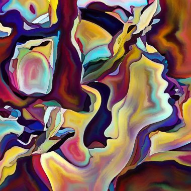 Parçalanmış Self serisi. İnsan yüzü ana hatları ve insan ilişkileri, zihin, psikoloji, iç dünya, yaratıcılık, zihinsel hastalık ve sanat konuları üzerine boyanmış desen kompozisyonu.