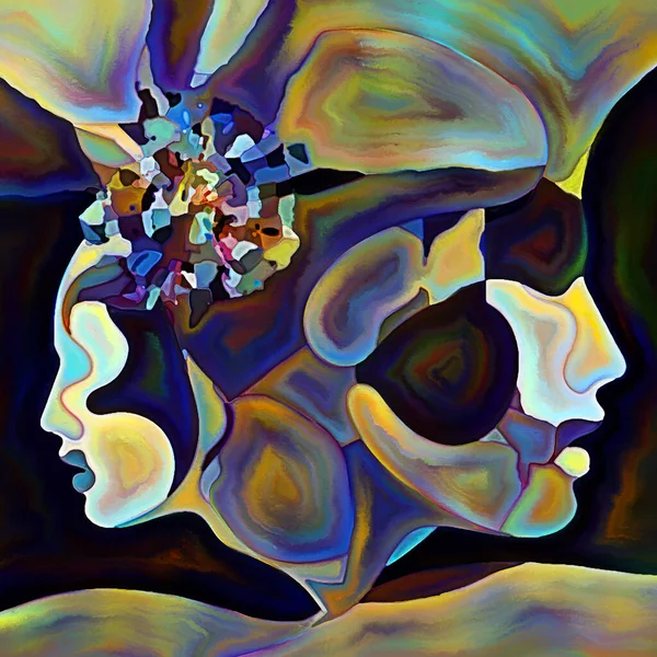 Fragmented Self series. Human face outlines and colorful pattern composition on subject of human relationships, mind, psychology, inner world, creativity, mental illness and art.