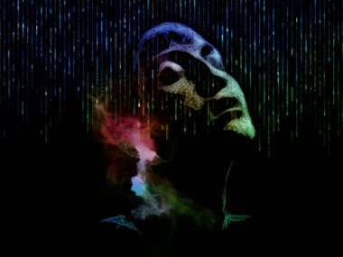 Sanal Zihin serisi. İnsan yüzünün 3 boyutlu görüntülenmesi ve aşırı bilgi yüklemesi, yapay zeka ve modern teknoloji konularındaki soyut dijital elementler.