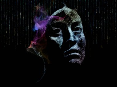 Sanal Zihin serisi. İnsan yüzünün 3 boyutlu görüntülenmesi ve aşırı bilgi yüklemesi, yapay zeka ve modern teknoloji konularındaki soyut dijital elementler.