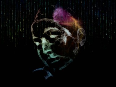 Sanal Zihin serisi. İnsan kafasının 3 boyutlu yorumlanması ve aşırı bilgi yüklemesi, yapay zeka ve modern teknoloji konularındaki soyut dijital elementler.