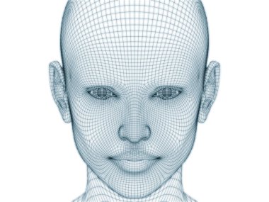 İnsan kafası ve yüzünün üç boyutlu görüntülenmesi illüstrasyon ve tasarım için tel örgüsü olarak kullanılacak