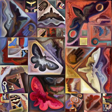 İç şifreleme serisi. Gizli anlamlar, kutsal yaşam, drama, şiir, mistisizm ve sanat konularındaki soyut organik formlar, sanat dokuları ve renklerin kolajı.