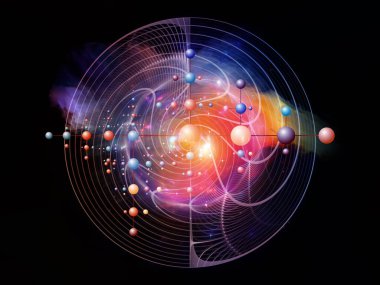 Atomik uzay serisi. Modern bilim, teknoloji ve eğitim konularında fraktal şebekelerin, moleküler yapıların ve ışıkların 3 boyutlu yorumlanması.
