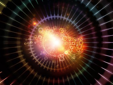 Sanal etkileşim serisi. Fraktal şebekeler, ışıklar ve soyut elementler bilgisayar bilimi, teknoloji ve eğitim konularında 3D sunuluyor.