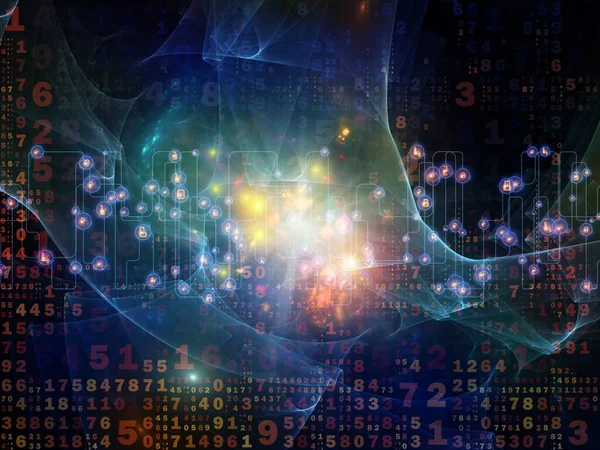 3D illustration of numbers, fractal membranes and lights composition on subject of digital technology and communications