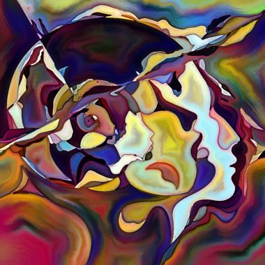 Parçalanmış Self serisi. İnsan yüzü ana hatları ve insan ilişkileri, zihin, psikoloji, iç dünya, yaratıcılık, zihinsel hastalık ve sanat konuları üzerine boyanmış desen kompozisyonu.