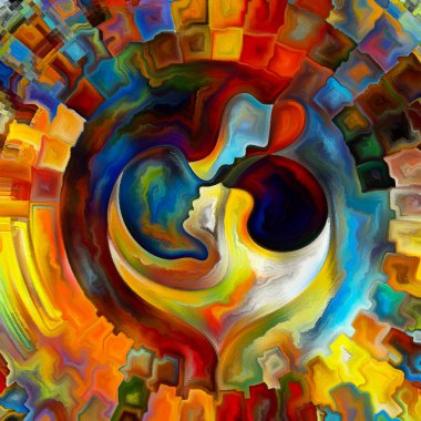 Anne ve Çocuk serisi. Ebeveynlik, aşk ve sanat konularındaki insan profillerinin, renklerin ve şekillerin etkileşimi.