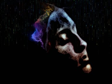 Sanal Zihin serisi. İnsan yüzünün 3 boyutlu görüntülenmesi ve aşırı bilgi yüklemesi, yapay zeka ve modern teknoloji konularındaki soyut dijital elementler.