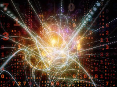 Sayıların üç boyutlu illüstrasyonu, ışık izi yapıları ve dijital teknoloji ve dijital iletişim konularındaki ışık bileşimi