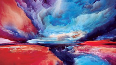 Rüyalar Diyarı. Zihin serisinin peyzajları. Yaşam, sanat, şiir, yaratıcılık ve hayal gücü teması üzerine parlak boya, hareket eğimleri ve sürrealite dağları ve bulutların düzenlenmesi