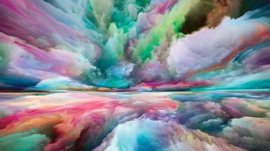 Hayalet Bulutlar. Gerçekliğe Kaçış dizisi. Sahne resmi, hayal gücü, yaratıcılık ve sanat konularında gerçeküstü günbatımı renkleri ve dokularının arkaplan tasarımı