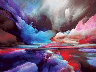 Ahiret Bulutları. Gerçekliğe Kaçış dizisi. Manzara resimleri, hayal gücü, yaratıcılık ve sanat projelerinde kullanılmak üzere gerçeküstü gün batımı renklerinin ve dokuların arkaplanı