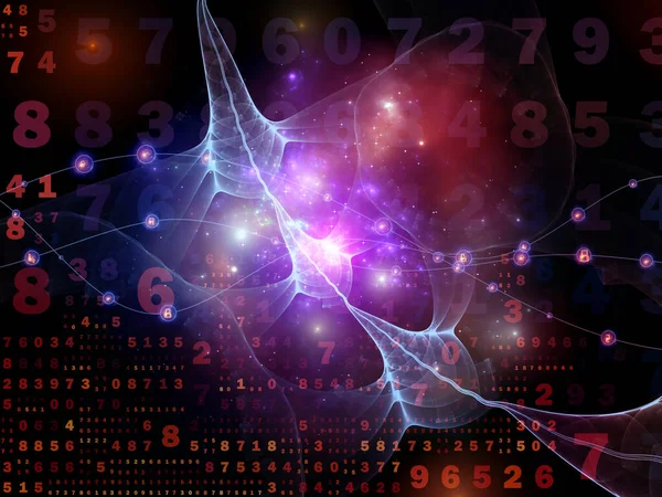 3D illustration of numbers, fractal membranes and lights composition on subject of digital technology and communications