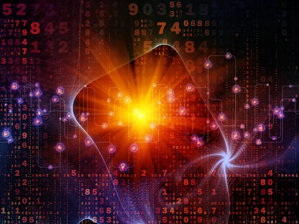 3D illustration of numbers, fractal membranes and lights composition on subject of digital technology and communications