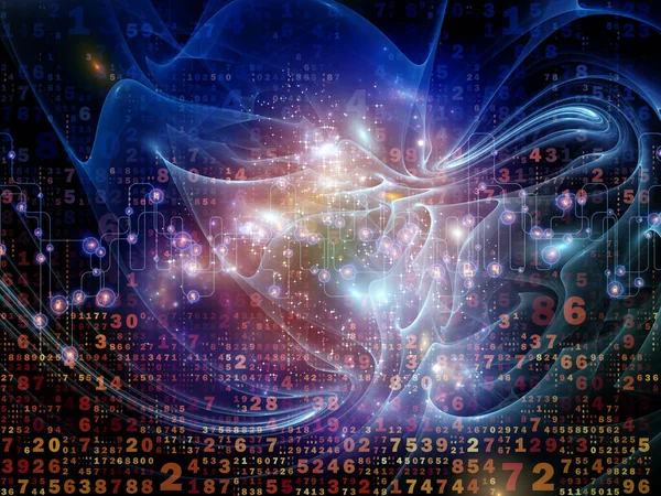 3D illustration of numbers, fractal membranes and lights composition on subject of digital technology and communications