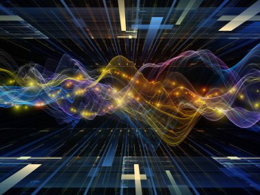 Uzay Mantığı. Sanal Dalga serisi. Veri transferiyle ilgili yatay sinüs dalgaları ve ışık parçacıklarının 3 boyutlu görüntülenmesi, sanal, yapay, matematiksel gerçeklik.