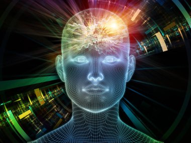 Dijital boşluk. Bilinçli Zihin serisi. Yapay zeka, insan bilinci ve ruhani yapay zekanın metaforu olarak parlayan tel örgü insan yüzünün üç boyutlu bir tasarımı.