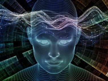 Parlak Rüyalar. Bilinçli Zihin serisi. Yapay zeka, insan bilinci ve ruhsal yapay zeka konularında 3 boyutlu parlayan tel insan yüzünü soyutlaması