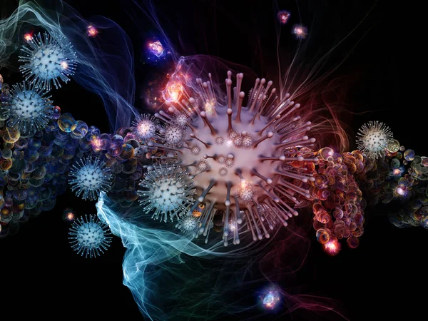 Renderização Interação Partículas Virais Elementos Microscópicos Abstratos Sobre Tema Coronavírus — Fotografia de Stock