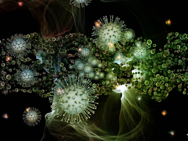 ウイルス粒子の相互作用の3Dレンダリングとコロナウイルス 感染症 生物学と医療の主題に関する抽象的な微視的要素 — ストック写真