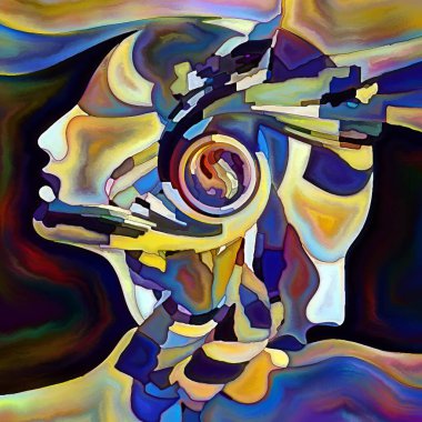 Parçalanmış Self serisi. İnsan yüzü anahatları ve insan ilişkileri, zihin, psikoloji, iç dünya, yaratıcılık, zihinsel hastalık ve sanat konularındaki mozaik şablon kompozisyonu.