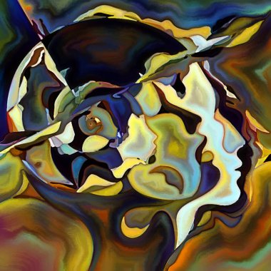 Parçalanmış Self serisi. İnsan yüzü ana hatları ve insan ilişkileri, zihin, psikoloji, iç dünya, yaratıcılık, zihinsel hastalık ve sanat konuları üzerine boyanmış desen kompozisyonu.