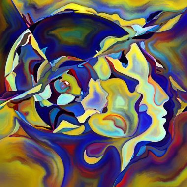 Parçalanmış Self serisi. İnsan yüzü ana hatları ve insan ilişkileri, zihin, psikoloji, iç dünya, yaratıcılık, zihinsel hastalık ve sanat konuları üzerine boyanmış desen kompozisyonu.