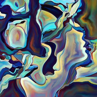 Parçalanmış Self serisi. İnsan yüzü ana hatları ve insan ilişkileri, zihin, psikoloji, iç dünya, yaratıcılık, zihinsel hastalık ve sanat konuları üzerine boyanmış desen kompozisyonu.