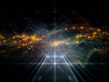 Uzayda veri. Sanal Dalga serisi. Veri transferi, sanal, yapay, matematiksel gerçeklik konularındaki yatay sinüs dalgaları ve ışık parçacıklarından oluşan tasarım.