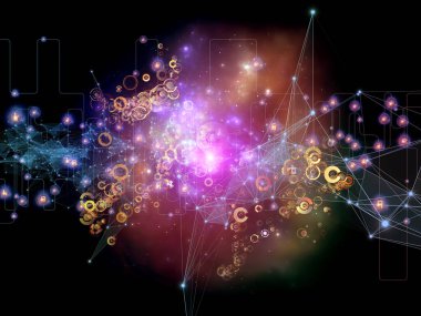 Gelecek Bağlantı serisi. Ağ hatlarının, ışıkların ve sembollerin arka planı modern teknoloji, ağ oluşturma, telekomünikasyon ve bilim konularındaki karanlık arka plana karşı.