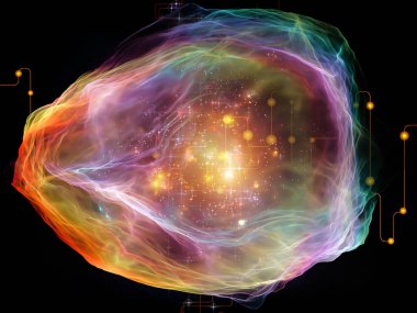 Ağ Tesadüfçülüğü serisi. Modern teknoloji ve bilimsel araştırma konularında organik fraktal geometri, ağ çizgileri ve ışıkların etkileşimi.